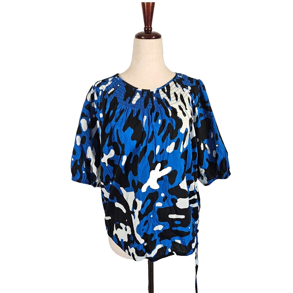 NWT Calvin Klein Blue Camo‎ Short Sleeve Stretchy Smocked Neck Women's Size M